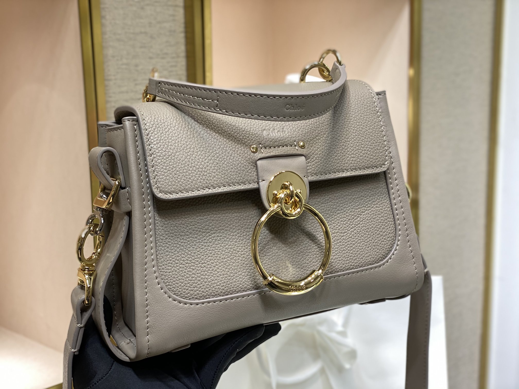 Chloe Mini Tess Day Bag In Motty Grey Grained Leather